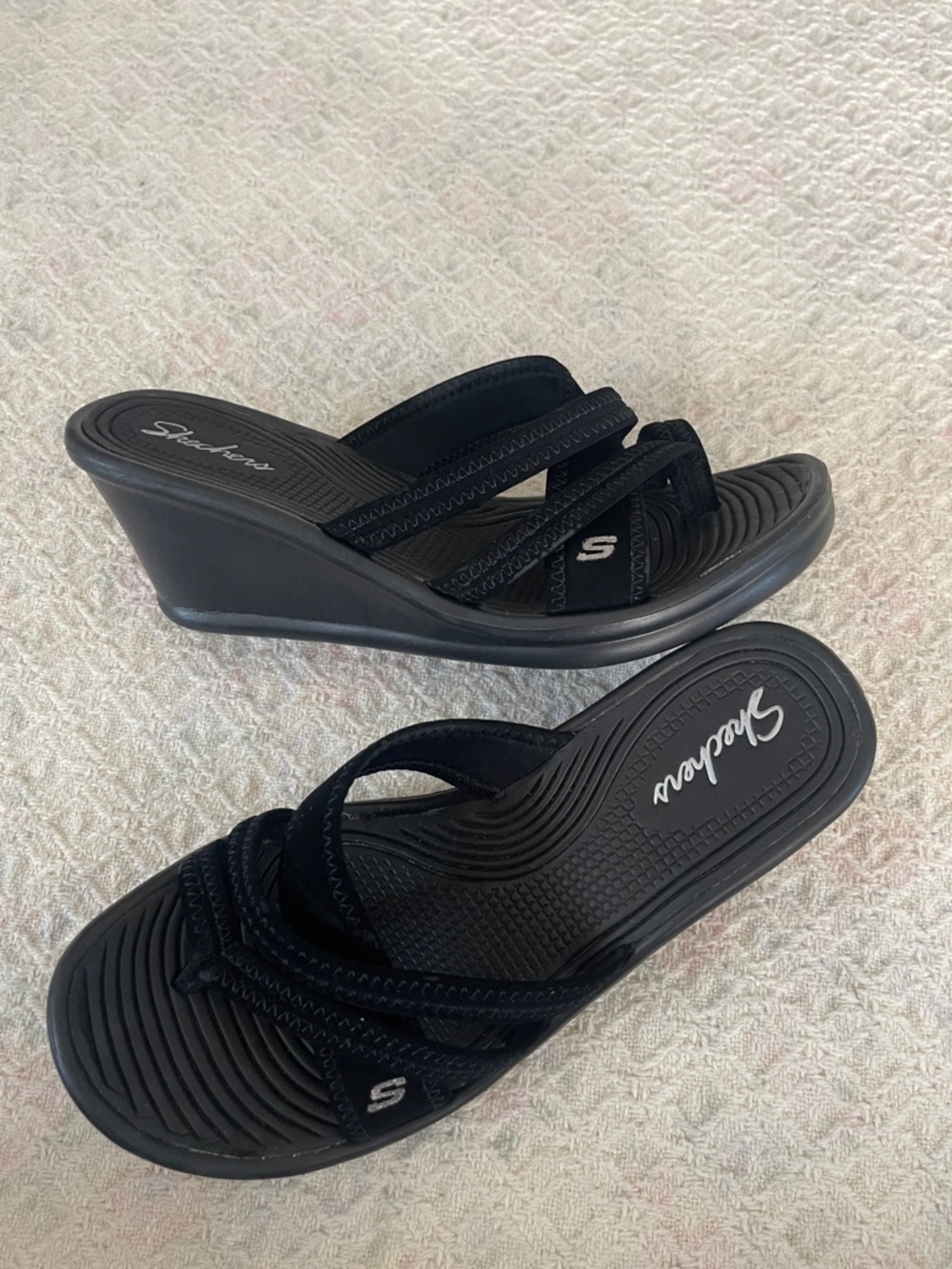 Skechers Black Strappy Wedge Slide Sandals